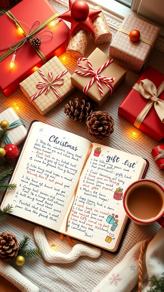 Christmas Gift List Journal A Christmas gift list journal with colorful notes on a festive table with decorations.
